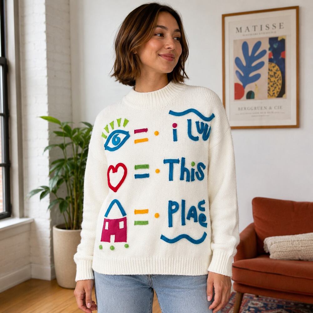 Gitano Vintage 80's 3D Knit Applique Sweater I Love This Place Women's Large